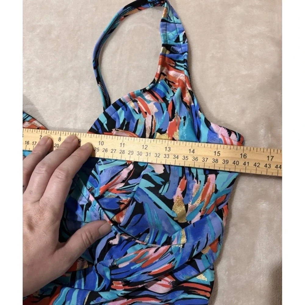 Maxine of Hollywood 1 Piece Swimsuit 16 Blue Abstract Foil Ruching Tummy Control